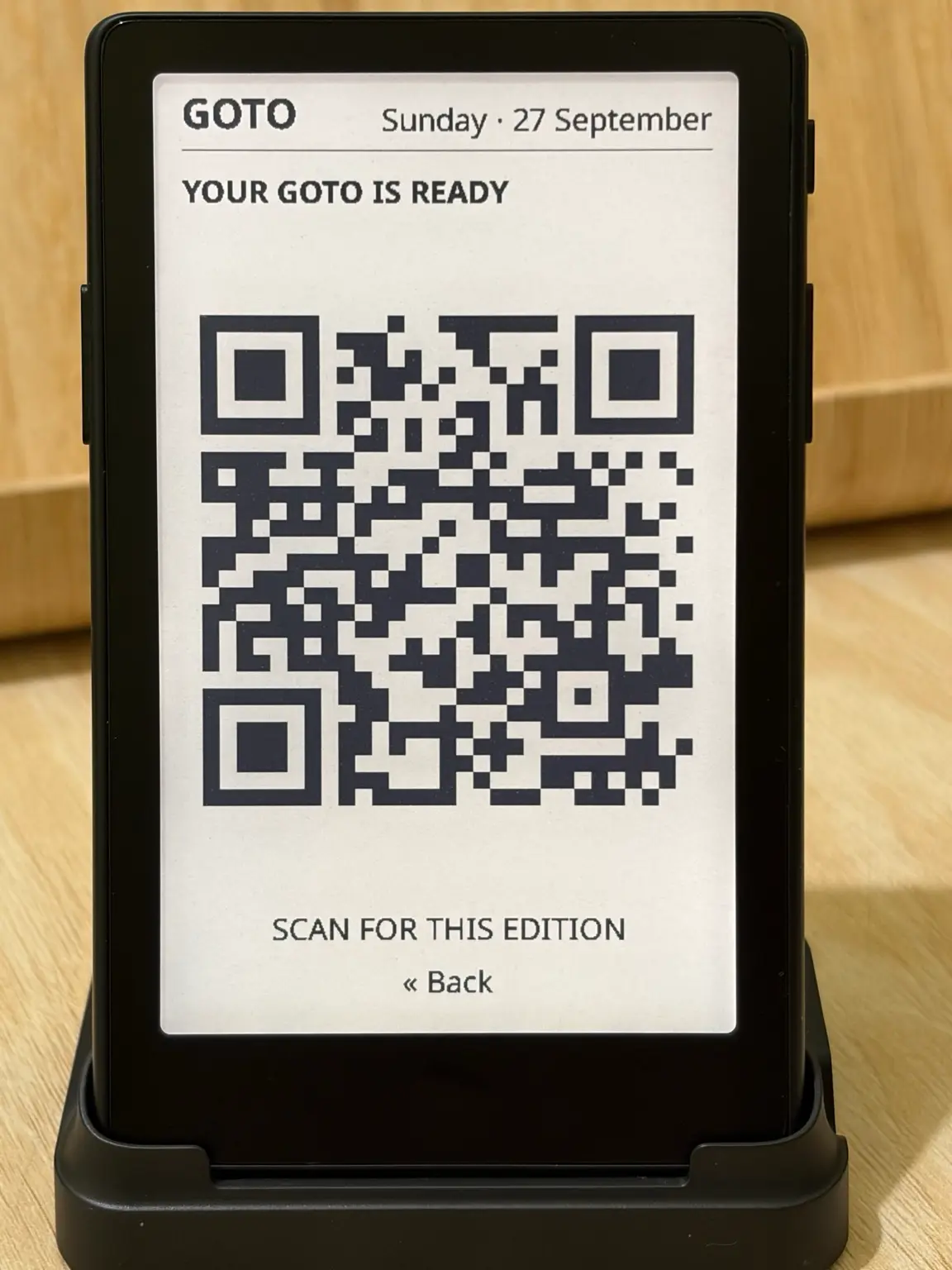The GOTO screen after the last story, reading Your GOTO is ready above a QR code and Scan for this edition.
