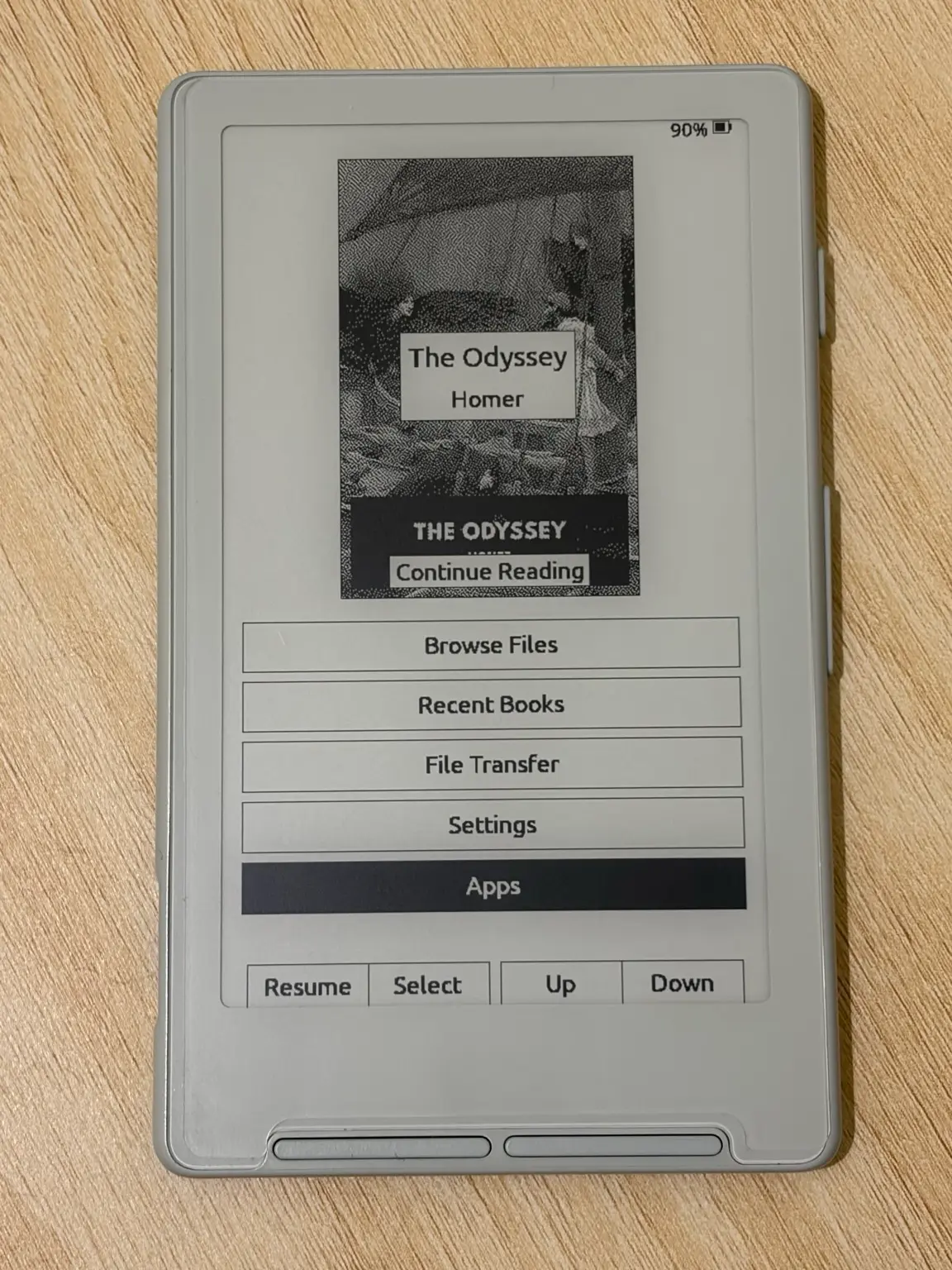 The CrossPoint Reader home screen on the XTEINK X4 with Apps highlighted below Settings.