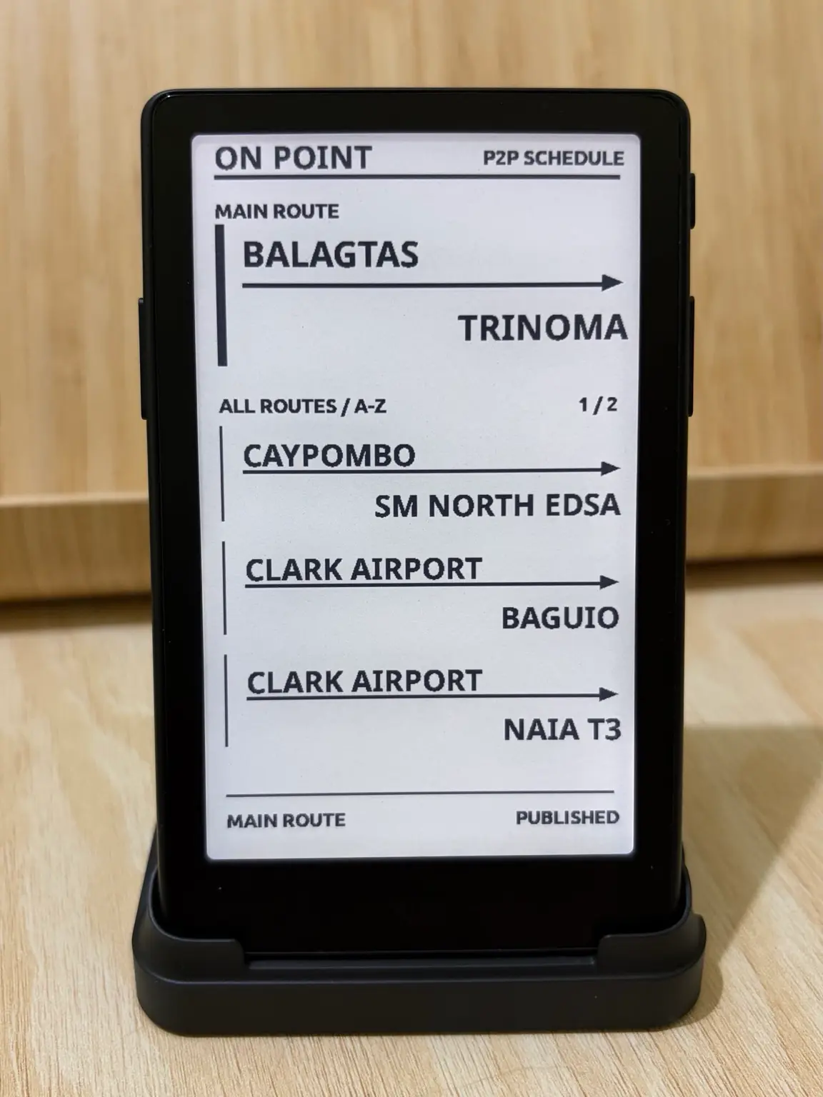 The ON POINT route list with Balagtas to TriNoma as the main route, above Caypombo, Clark Airport to Baguio and Clark Airport to NAIA T3.