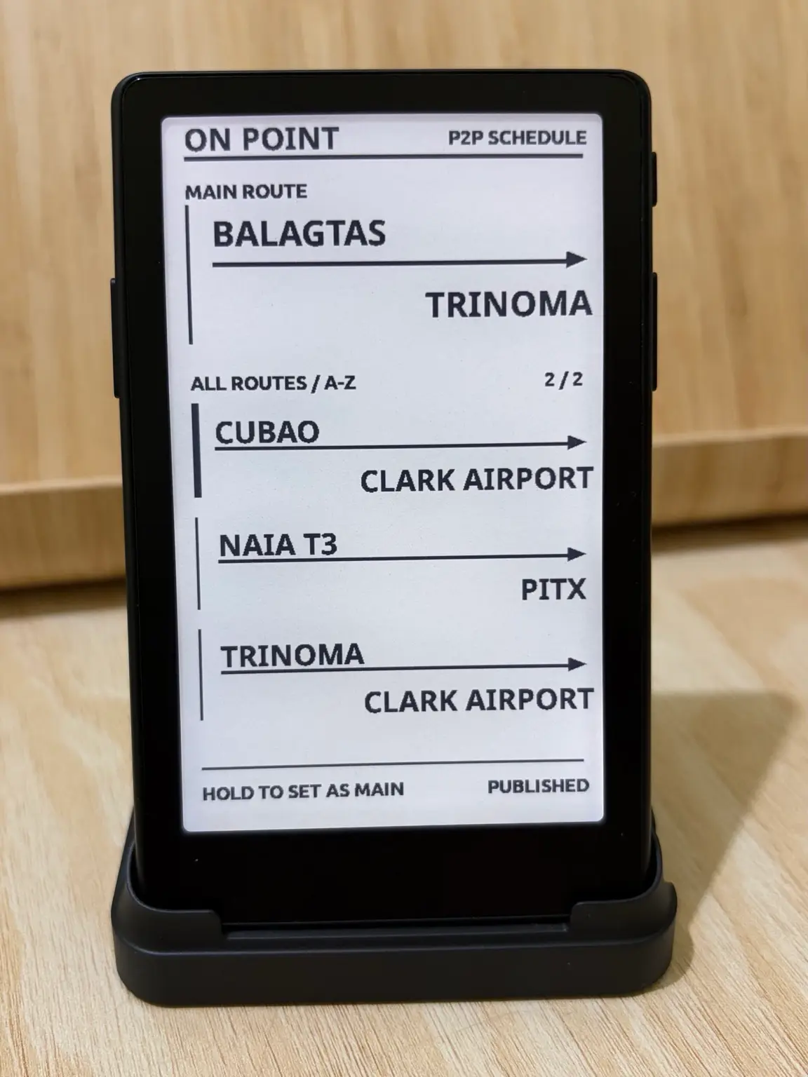 The second page of the ON POINT route list: Cubao to Clark Airport, NAIA T3 to PITX and TriNoma to Clark Airport.