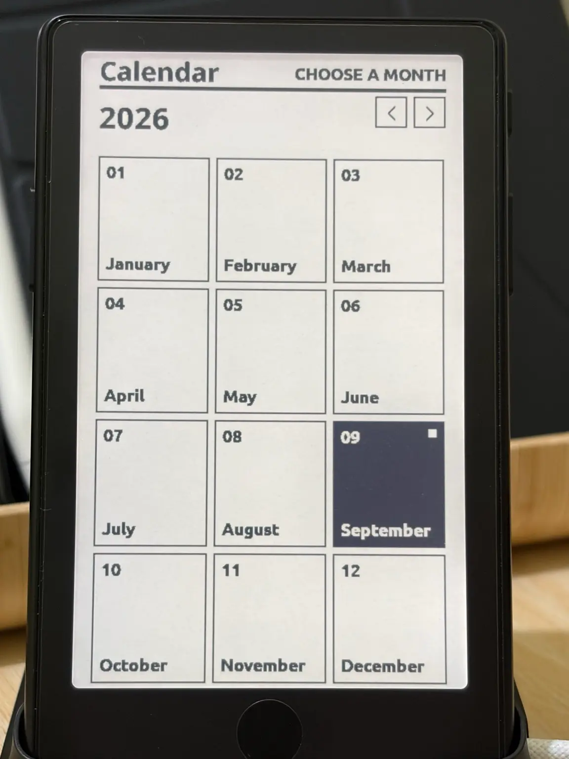 The Calendar month picker on an XTEINK X4 Pro showing the twelve months of 2026, with September selected.