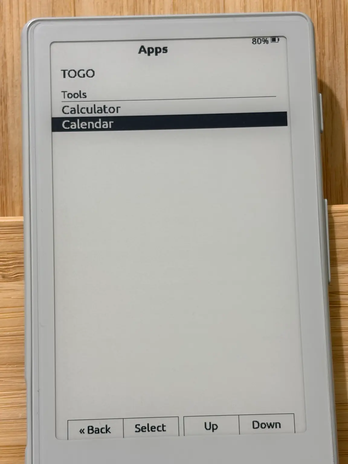The Apps menu on an XTEINK X4 listing TOGO, then a Tools heading above Calculator and Calendar.